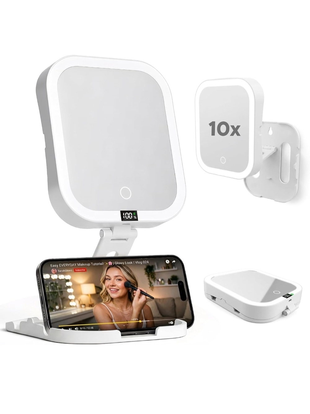Travel Makeup Mirror with Lights, 10X/1X Magnifying Mirror, Adjustable Height